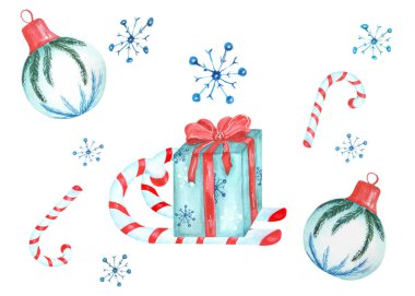 Suluboya el çizimi yeni yıl oyuncakları, hediye, kar taneleri ve şekerler.