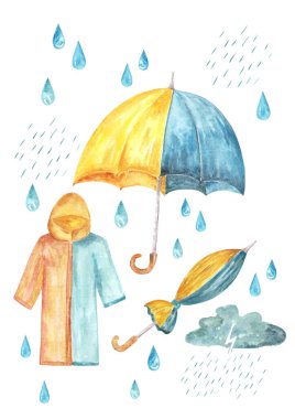 Sarı-mavi şemsiyeli suluboya yağmuru, yağmurlu fırtına bulutu ve yağmur damlaları.