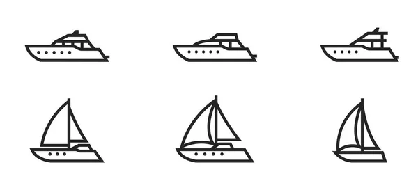 Motoros Vitorlás Jachtok Vonal Ikon Készlet Tengeri Utazáshoz Használt Hajók — Stock Vector