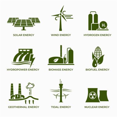 Yeşil enerji simgesi ayarlandı. Çevre dostu, sürdürülebilir, yenilenebilir ve alternatif güç sembolleri. izole vektör resimleri