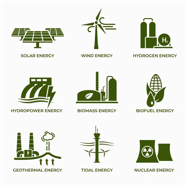 Ikon Energi Hijau Diatur Ramah Lingkungan Berkelanjutan Terbarukan Dan Simbol - Stok Vektor