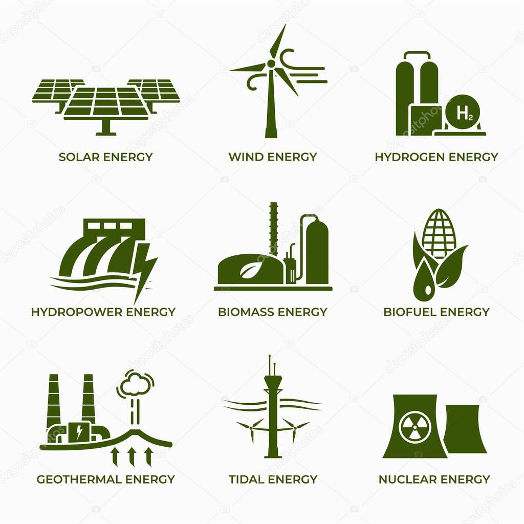 green energy icon set. eco friendly, sustainable, renewable and alternative power symbols. isolated vector images