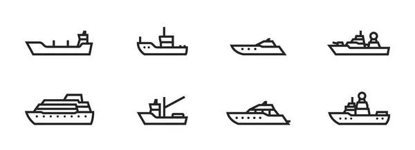 Ship Boat Line Icon Set Vessels Sea Travel Transportation Isolated — Vetor de Stock