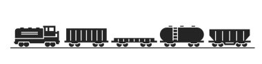 Yük treni illüstrasyonu. Lokomotif ve tren vagonları. Demiryolu taşımacılığı izole edilmiş vektör resmi