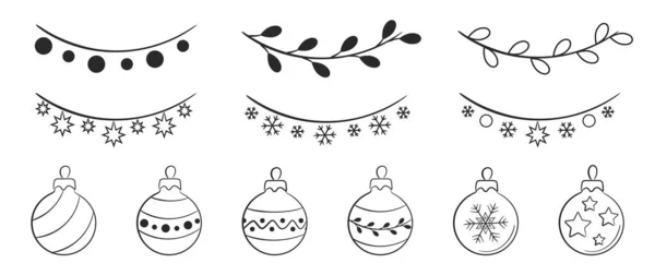 Met Hand Getrokken Kerstballen Bloemenslingers Set Vector Elementen Voor Kerstmis — Stockvector