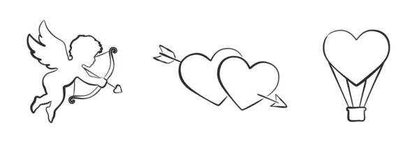 Zestaw Walentynek Narysowanych Ręcznie Miłość Romantyczny Symbol Szkic Zarys Wektor — Wektor stockowy