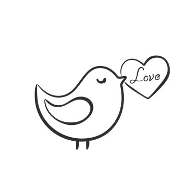 Aşk mesajlı el çizimi kuş. Sevgililer günü kartı ve aşk sembolü. Sevgililer Günü tasarımı için kusurlu vektör ögesi