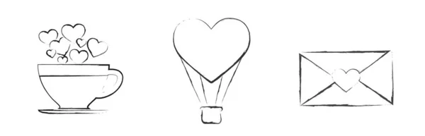 Hand Drawn Valentines Set Coffee Cup Hearts Air Balloon Envelope — Vetor de Stock