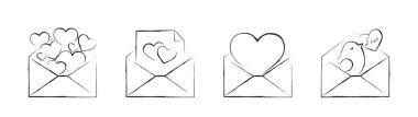 hand drawn envelope with love message set. romantic and love symbol. sketchy element for valentine's day design