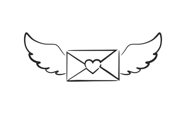 Hand Drawn Envelope Heart Wings Love Message Symbol Sketchy Vector — Vetor de Stock