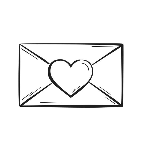 Kalbi olan yarım yamalak bir zarf. El çizimi aşk mesajı ve sevgililer günü sembolü. Sevgililer Günü tasarımı için vektör ögesi