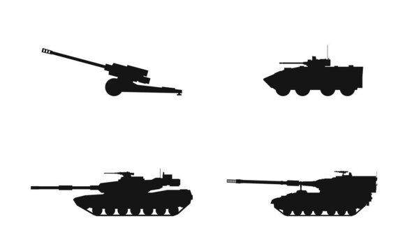 Military vehicle equipment icon set. army artillery machines. isolated vector image in simple style