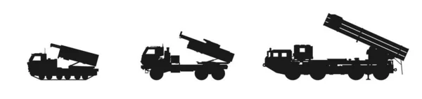 複数のロケットシステムのアイコンセット 戦争兵器と軍のシンボル 軍のウェブデザインのための孤立したベクター画像 — ストックベクタ