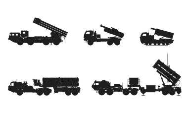 Uçaksavar füze silahı ve çoklu fırlatma roketi sistemi. Askeri kavramlar ve web tasarımı için izole vektör görüntüsü