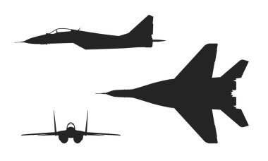 Mig 29 savaş uçağı. Yandan ve önden. Hava kuvvetleri ve ordu sembolü. Askeri kavramlar ve web tasarımı için izole vektör görüntüsü