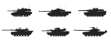 Tank simgesi ayarlandı. silah, savaş ve ordu sembolü. Askeri bilgi ve web tasarımı için izole edilmiş vektör resmi