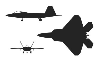 F-22 avcı uçağı. Yandan ve önden. ABD hava kuvvetleri ve ordu sembolü. Askeri kavramlar ve web tasarımı için izole vektör görüntüsü
