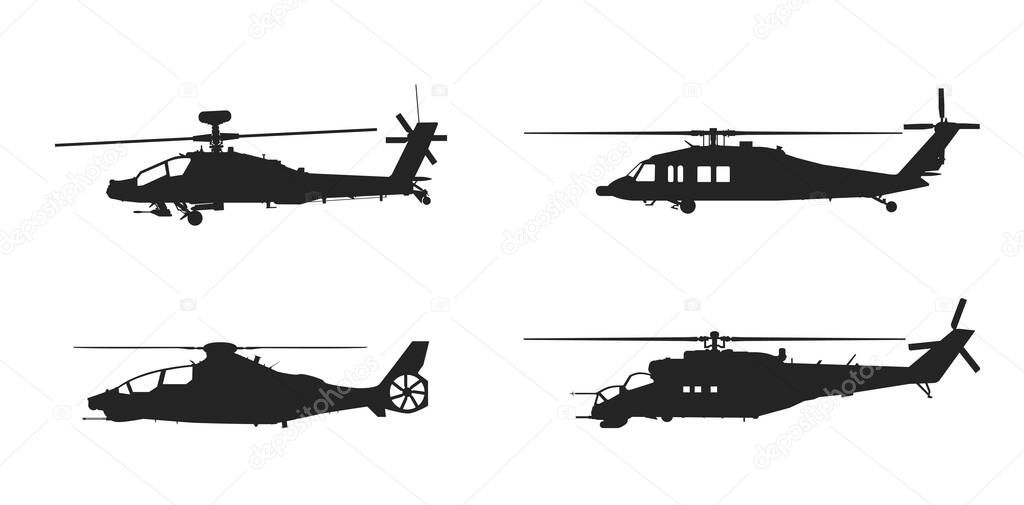 military helicopter icon set. air force and army symbols. isolated vector images for military concepts and web design