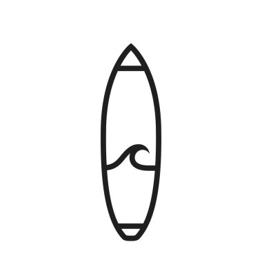 Sörf tahtası çizgisi simgesi. Sörf, deniz sporu ve ekstrem tatil sembolü. Turizm tasarımı için izole vektör görüntüsü