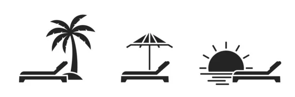 Strand Ikon Set Palm Paraply Solnedgång Och Solarium Havssemester Symbol — Stock vektor