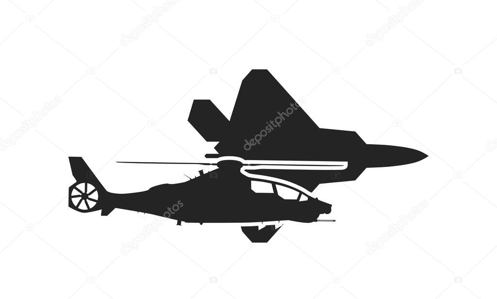 air force icon. f-22 raptor fighter jet and attack helicopter. isolated vector images for military concepts
