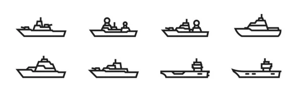 Conjunto Iconos Línea Guerra Barcos Militares Símbolos Buques Del Ejército — Vector de stock