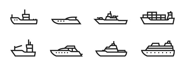 Schip Lijn Pictogram Ingesteld Boot Schepen Voor Vervoer Zee Geïsoleerd — Stockvector