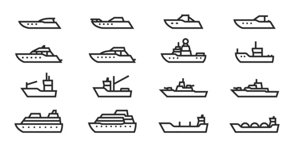 Navio Barco Linha Ícone Definido Símbolo Transporte Água Embarcações Para — Vetor de Stock