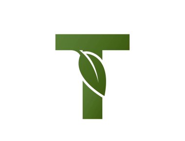 Yaprak logosu olan t harfi. İlk logo tasarımı. Çevre dostu, ekoloji ve çevre sembolü. izole vektör resmi