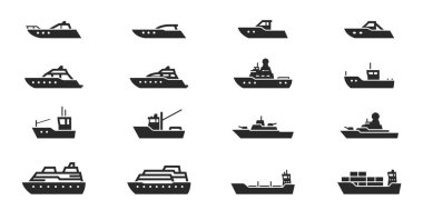 Gemi ve tekne simgesi seti. Su taşıma sembolü. Seyahat ve ulaşım araçları. basit biçimdeki izole vektör resmi