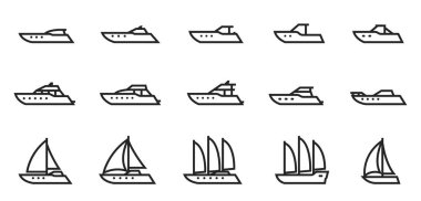 Motor ve yelkenli yatlar ve tekne hattı simgesi seti. Deniz yolculuğu, turizm ve tatil gemileri. izole vektör resimleri