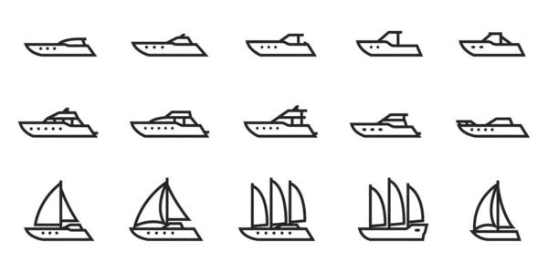 Набір Значків Лінії Моторних Вітрильних Яхт Човнів Судна Морських Подорожей — стоковий вектор