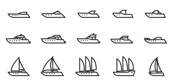 Moteur Voiliers Bateaux Ligne Icône Ensemble Bateaux Pour Les Voyages — Image vectorielle