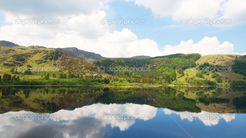 Calm lake and reflection of Windermere hills, Lake District