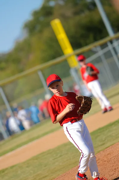 Little league pitcher looking at third — Stock Photo, Image