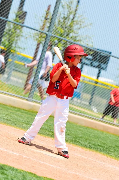 Youth baseball player with wood bat. — Stock Photo, Image