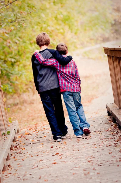 Two brothers hugging and walking on bridge — Zdjęcie stockowe