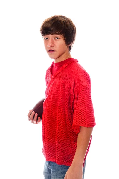 Chłopiec młody nastolatek piłki nożnej na biały — Zdjęcie stockowe