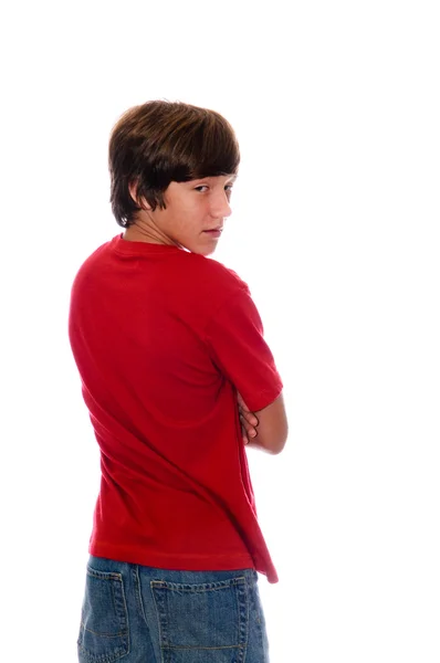 Young teen boy looking backward on white — Stock Photo, Image
