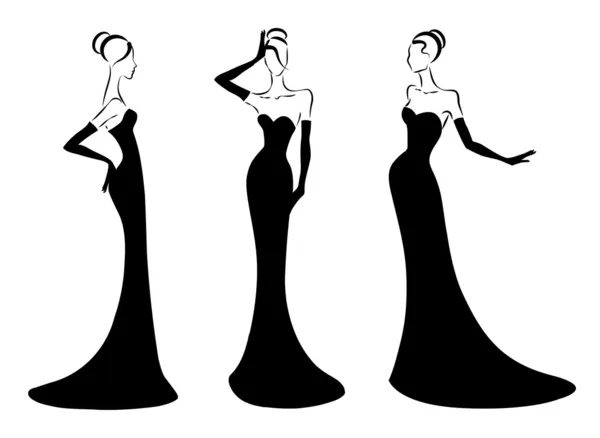 長い黒のドレスでエレガントな女性 — ストックベクタ