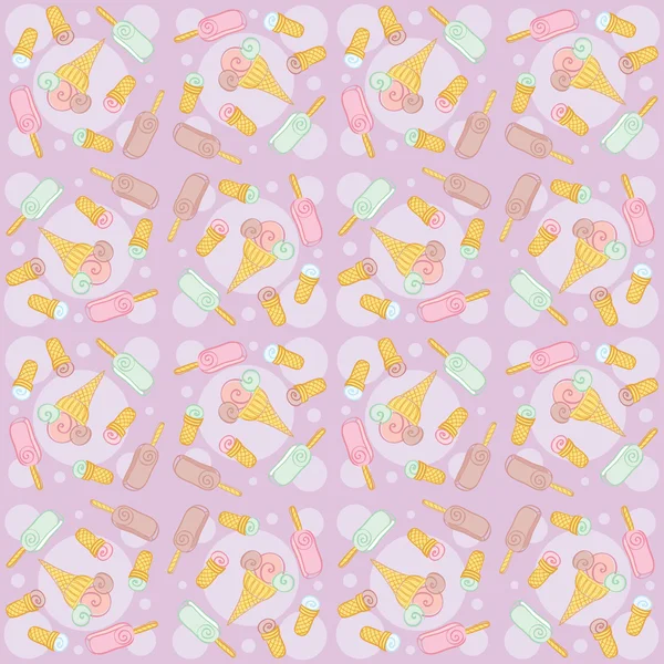 Nahtloses Muster mit Eis und Bonbons auf lila — Stockvektor