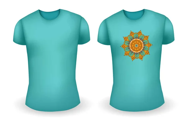 Blank blue male t shirt realistic template and blue t shirt with mandala. Vector — Stock Vector