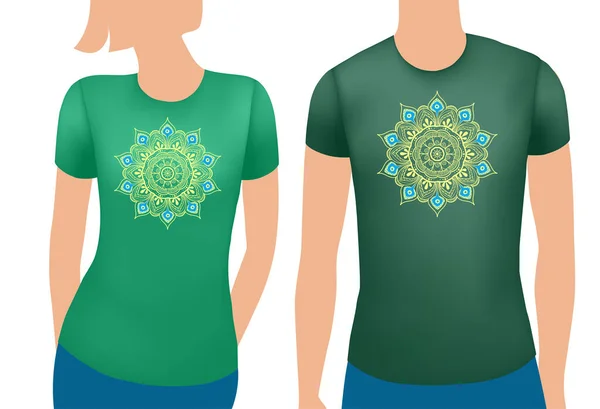 Green male and female t shirt realistic template with mandala. Vector — Stock Vector