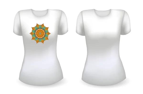 Blankes weißes Frauen T-Shirt mit realistischer Vorlage und weißes T-Shirt mit Mandala. Vektor — Stockvektor