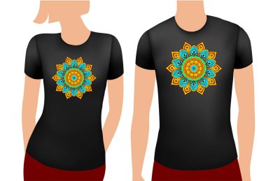 Siyah erkek ve kadın tişörtü mandala ile gerçekçi şablon. Vektör