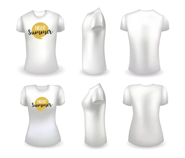 Branco branco masculino e feminino t-shirt modelo realista e branco t-shirt com etiqueta. Olá, crachá de verão. Vetor — Vetor de Stock