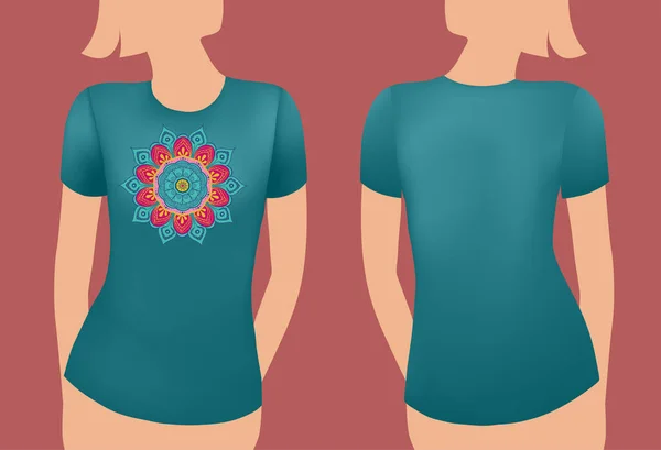 Blaues weibliches T-Shirt realistische Vorlage mit Mandala. Vorder- und Rückansicht. Vektor — Stockvektor