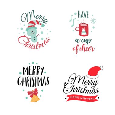 Dört tane Noel logosu ya da amblemi seti. Güzel bir çizgi film Noel ağacı. Vektör