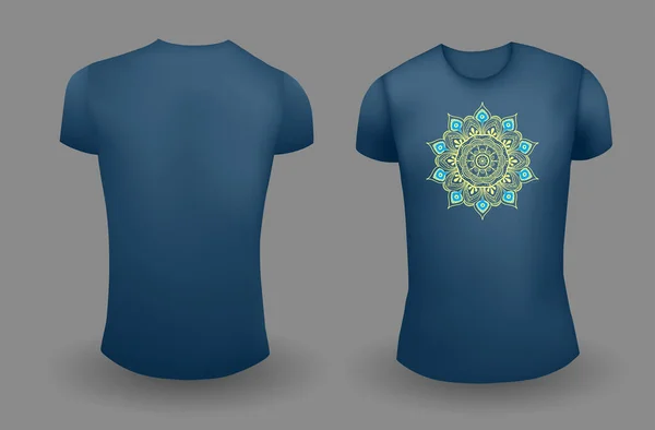 Camiseta masculina azul modelo realista com mandala. Vista frontal e traseira. Vetor — Vetor de Stock