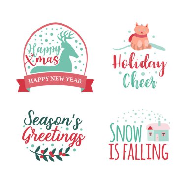 Dört tane Noel logosu ya da amblemi seti. Güzel bir çizgi film Noel ağacı. Vektör